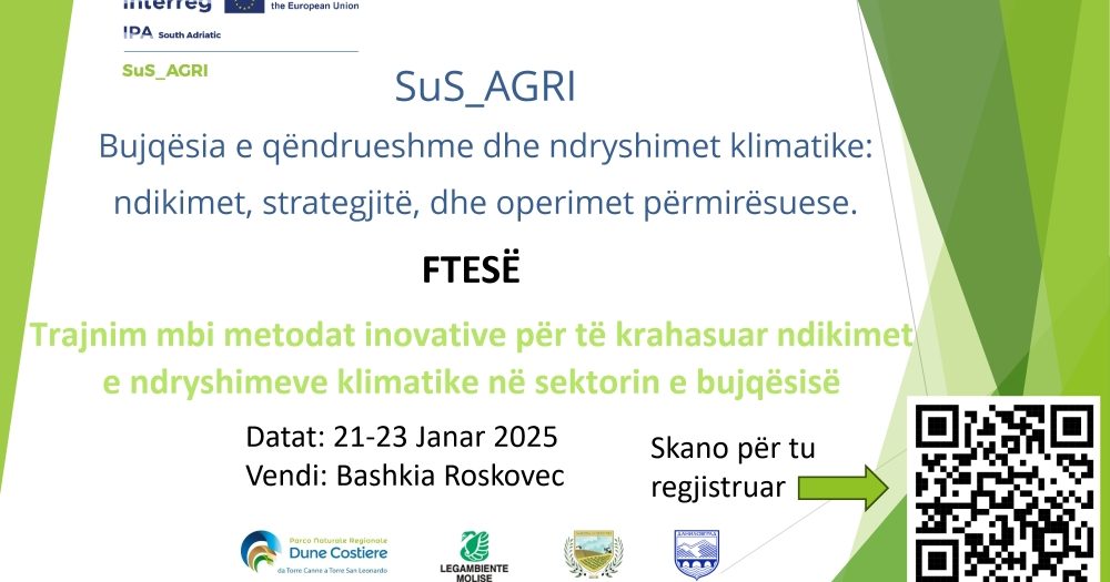 SuS_AGRI - Ftesë për pjesëmarrje në trajnim mbi metodat inovative për të krahasuar ndikimet e ndryshimeve klimatike në sektorin e bujqësisë